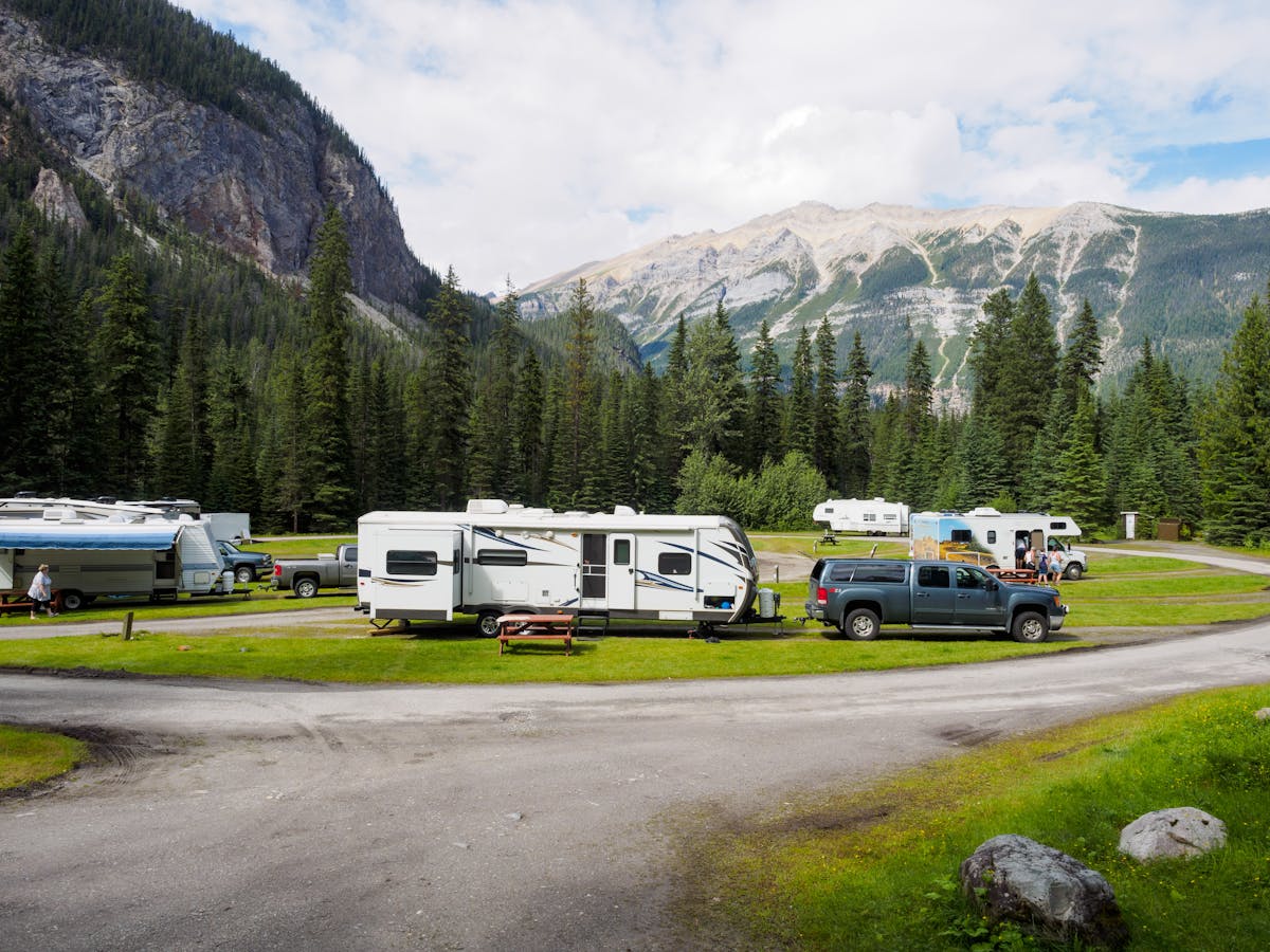 RVs and trailers parked side-by-side at a forest campsite.